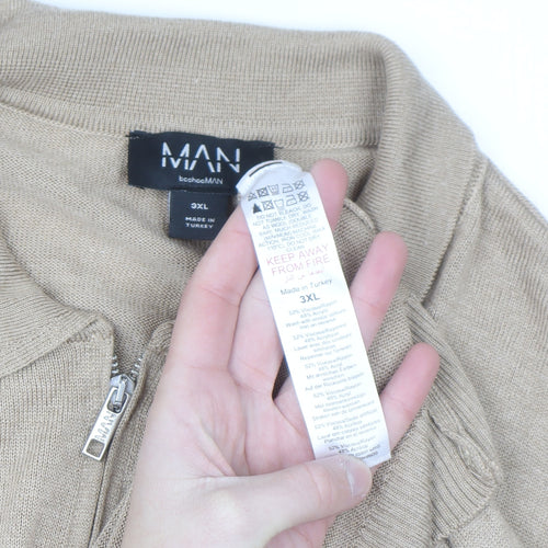 boohooMAN Men's Beige 3XL Collared 1/4 Zip Short Sleeve Jumper