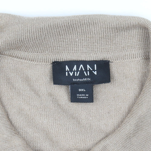 boohooMAN Men's Beige 3XL Collared 1/4 Zip Short Sleeve Jumper