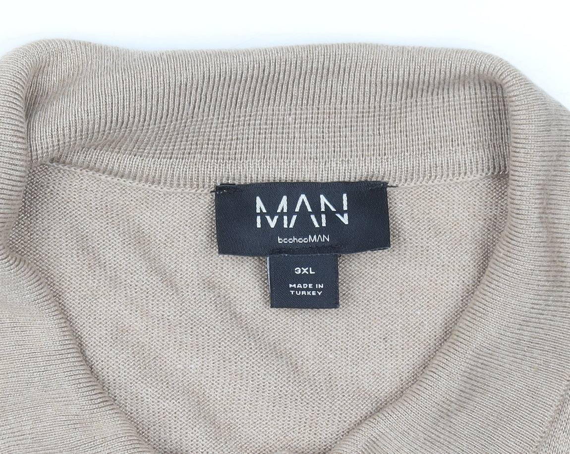 boohooMAN Men's Beige 3XL Collared 1/4 Zip Short Sleeve Jumper
