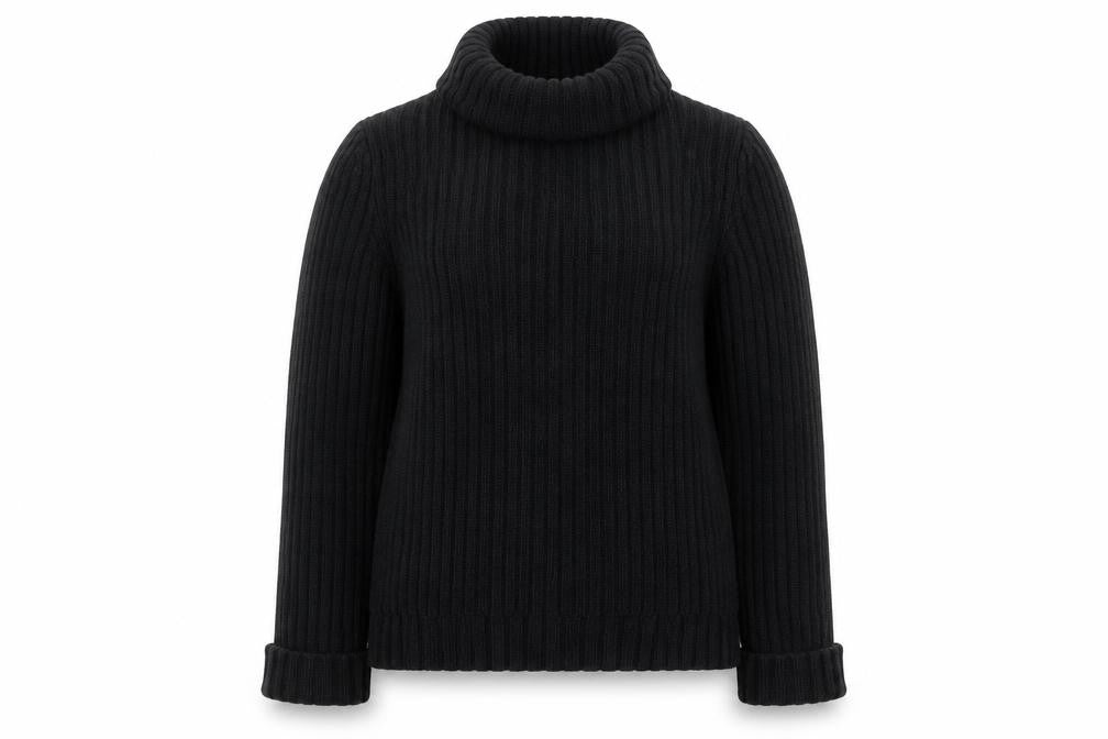 Front view of BHS women’s black roll neck chunky knit cotton jumper, size UK 12