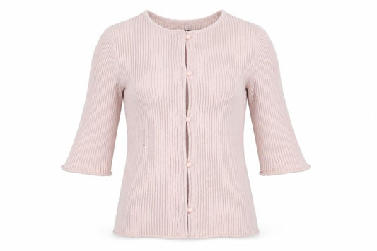 Front view of ASOS Women’s Pink Ribbed Knit 3/4 Sleeve Slim Cardigan, size UK 8