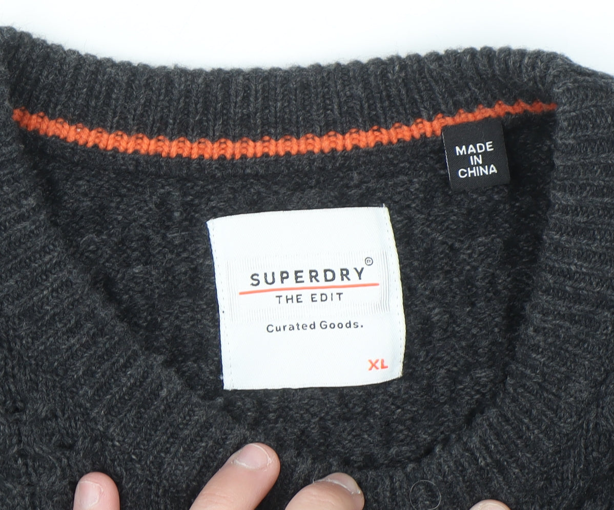 Superdry Men's Black Waffle-Knit Wool Blend Jumper XL