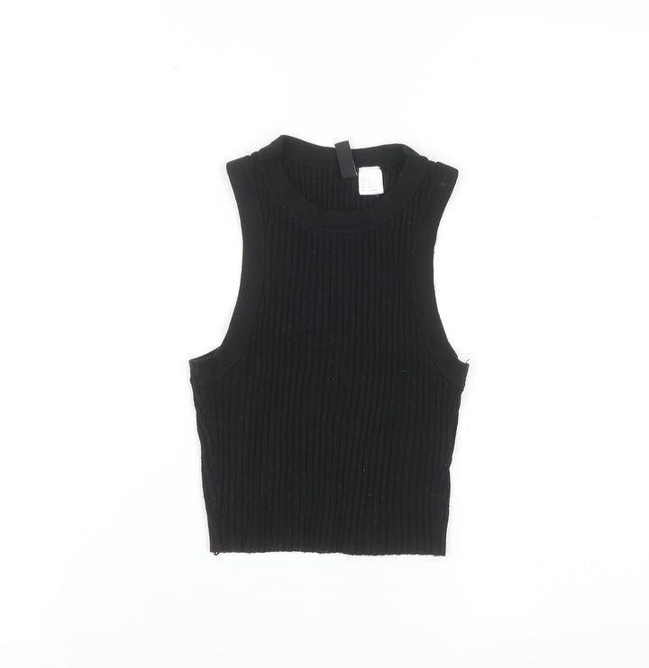 DIVIDED Women's Black Ribbed Knit Sleeveless High Neck Vest XS