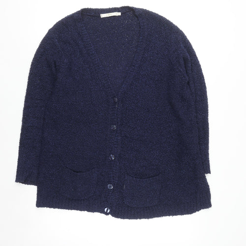 EWM Women Blue Size 18-20 V-Neck Long Sleeve Knit Cardigan
