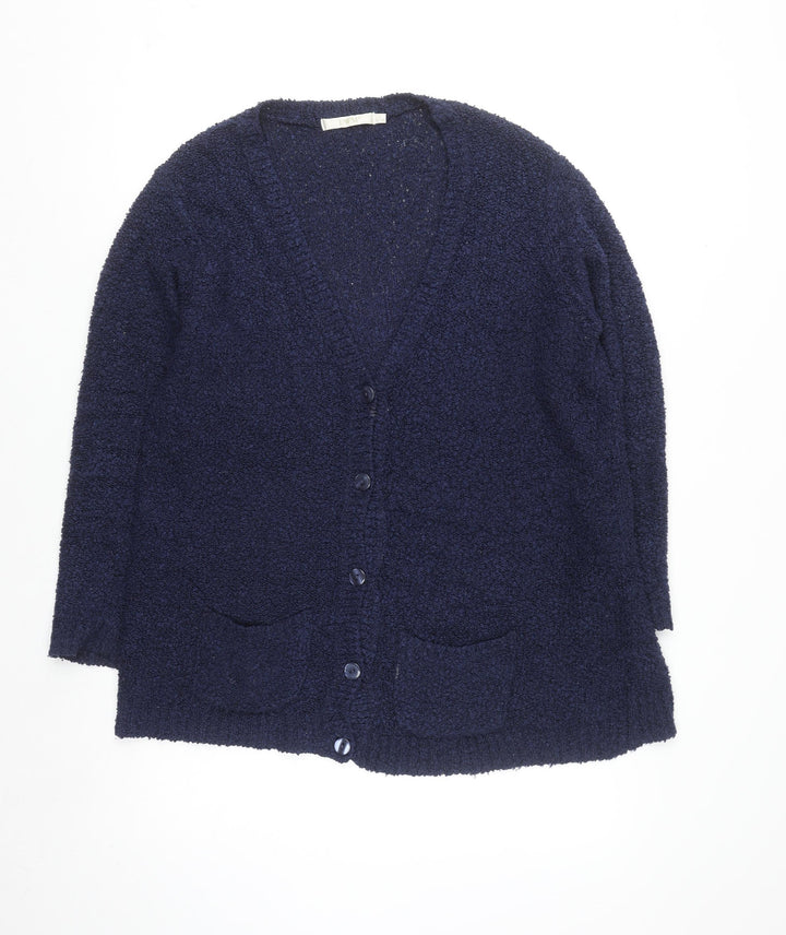 EWM Women Blue Size 18-20 V-Neck Long Sleeve Knit Cardigan