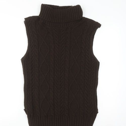 PrettyLittleThing Womens Brown Roll Neck Cable-Knit Sleeveless Jumper Vest M