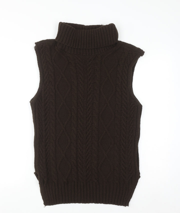 PrettyLittleThing Womens Brown Roll Neck Cable-Knit Sleeveless Jumper Vest M