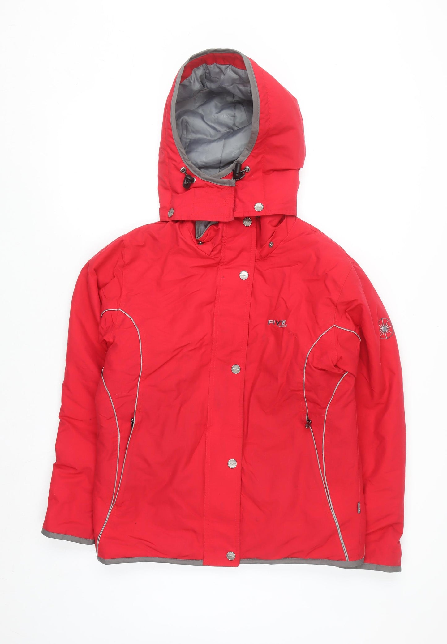 FIVE Red Waterproof Hooded Puffer Jacket Women UK 8 Winter Nylon