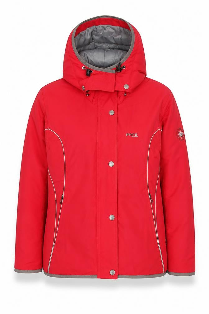 Front view of FIVE Red Waterproof Hooded Puffer Jacket Women UK 8 Winter Nylon