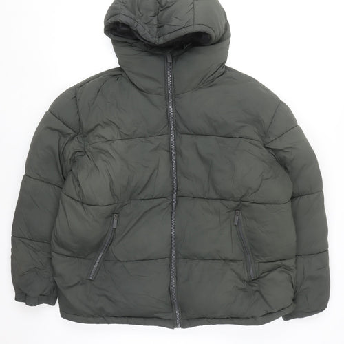 ZARA Mens Green Hooded Puffer Jacket Size M Regular Fit