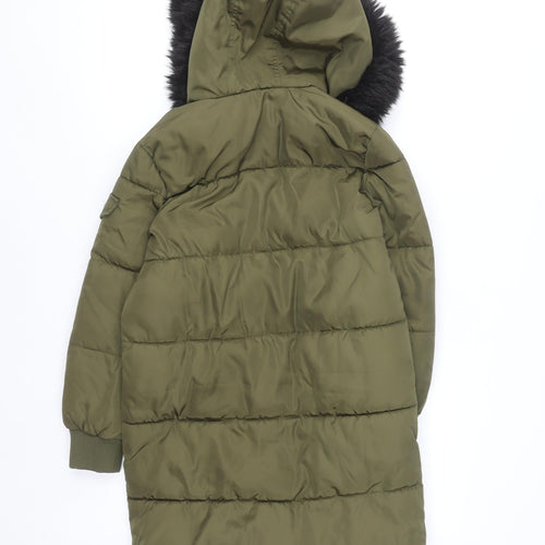 River Island Girls Green Faux Fur Hooded Puffer Coat 9-10 Years Winter Jacket
