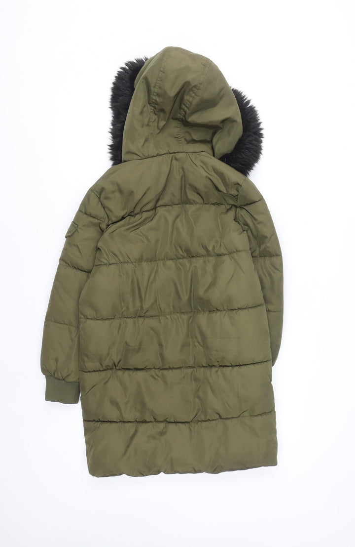 River Island Girls Green Faux Fur Hooded Puffer Coat 9-10 Years Winter Jacket
