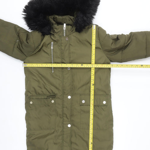 River Island Girls Green Faux Fur Hooded Puffer Coat 9-10 Years Winter Jacket