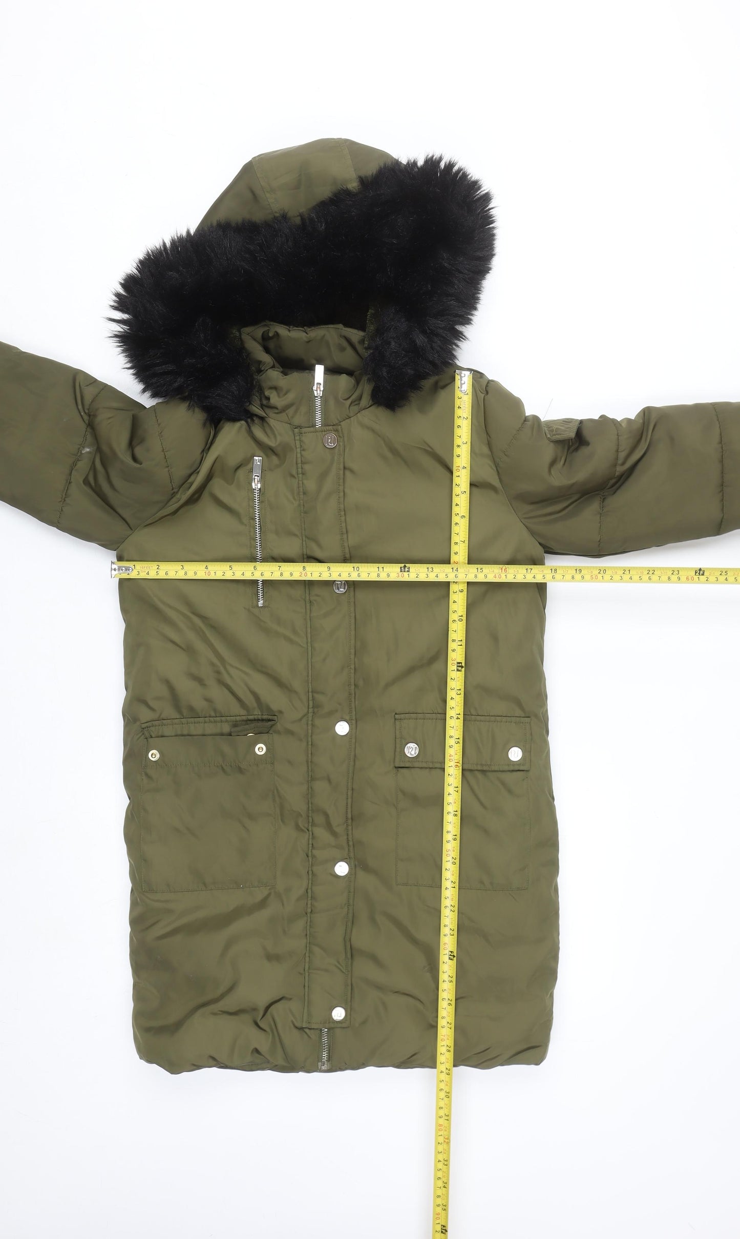 River Island Girls Green Faux Fur Hooded Puffer Coat 9-10 Years Winter Jacket