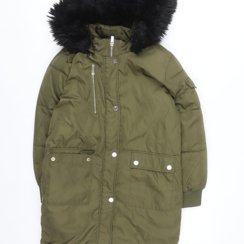 River Island Girls Green Faux Fur Hooded Puffer Coat 9-10 Years Winter Jacket
