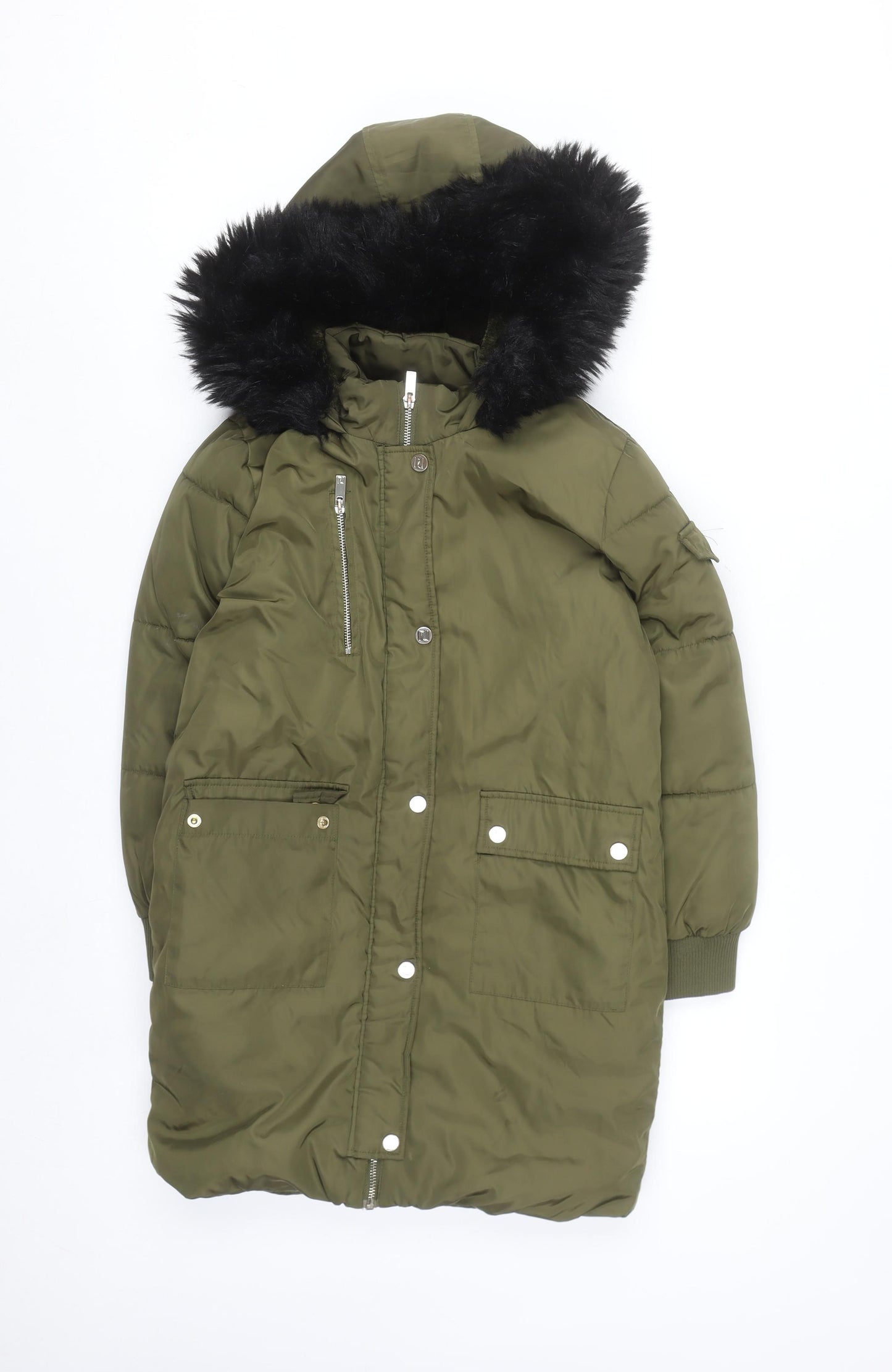 River Island Girls Green Faux Fur Hooded Puffer Coat 9-10 Years Winter Jacket
