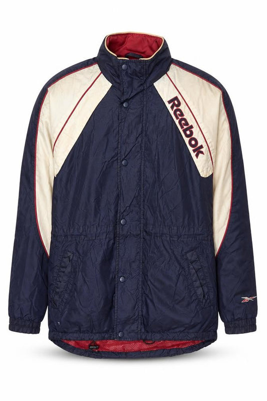 Front view of Reebok Men's Blue Windbreaker Sports Jacket, size S, 90s Retro Style