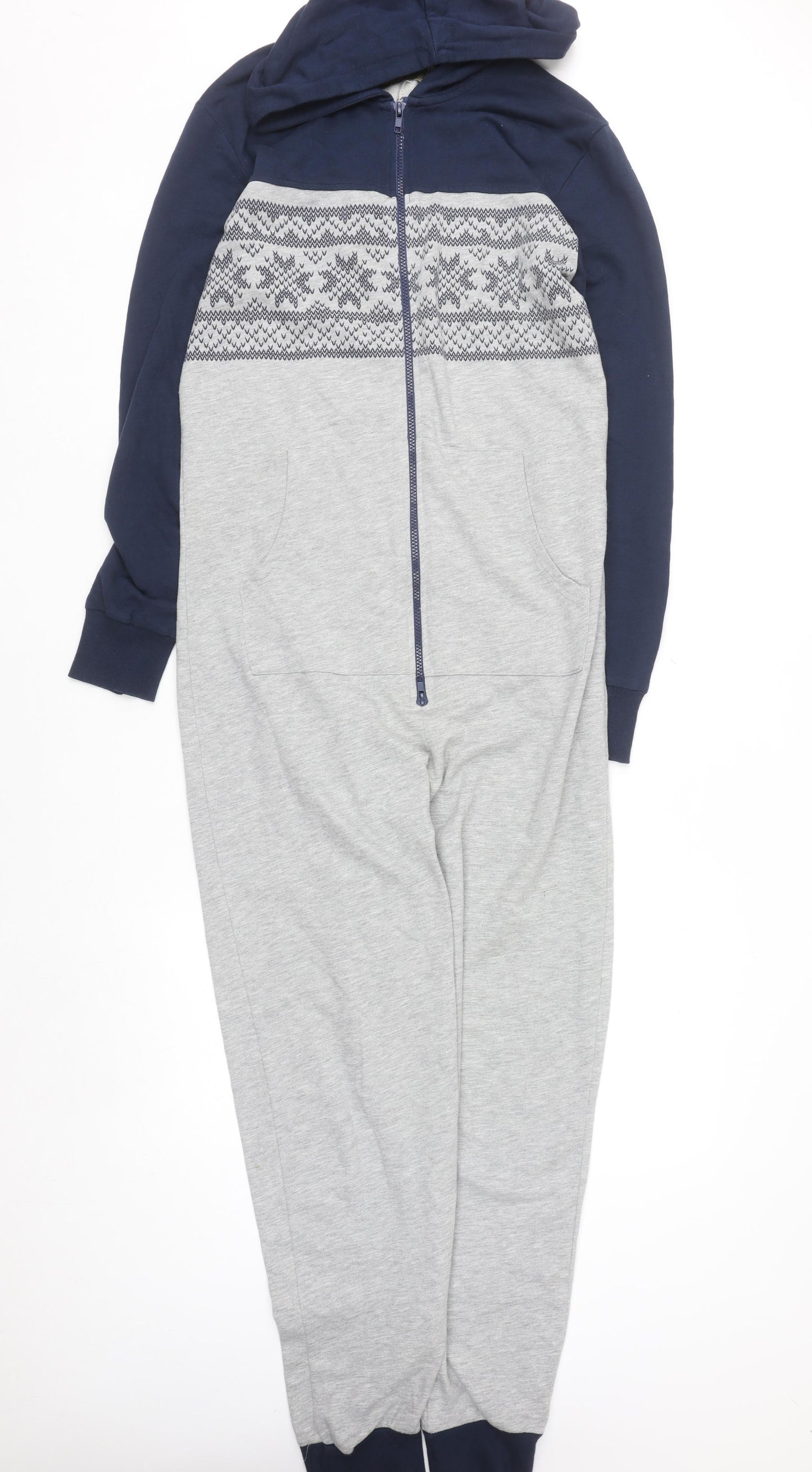 Next Men’s Grey & Navy Fair Isle Hooded Onesie Small Cotton Blend