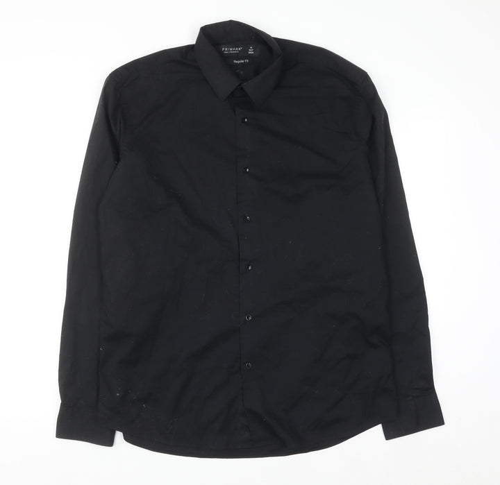 Primark Men's Black Regular Fit Long Sleeve Button-Up Shirt M 15.5in