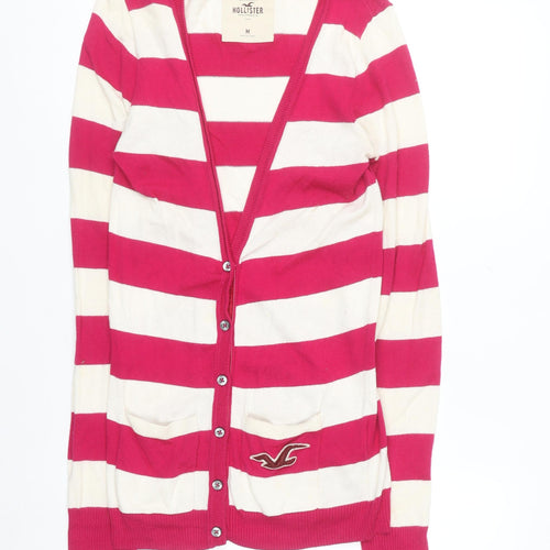 Hollister Women Pink Stripe Long Sleeve Cardigan M Classic Knit