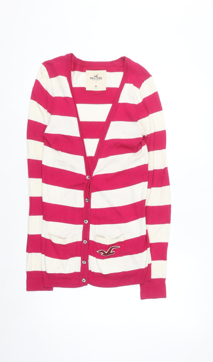 Hollister Women Pink Stripe Long Sleeve Cardigan M Classic Knit
