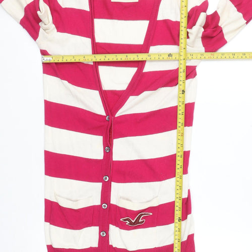Hollister Women Pink Stripe Long Sleeve Cardigan M Classic Knit
