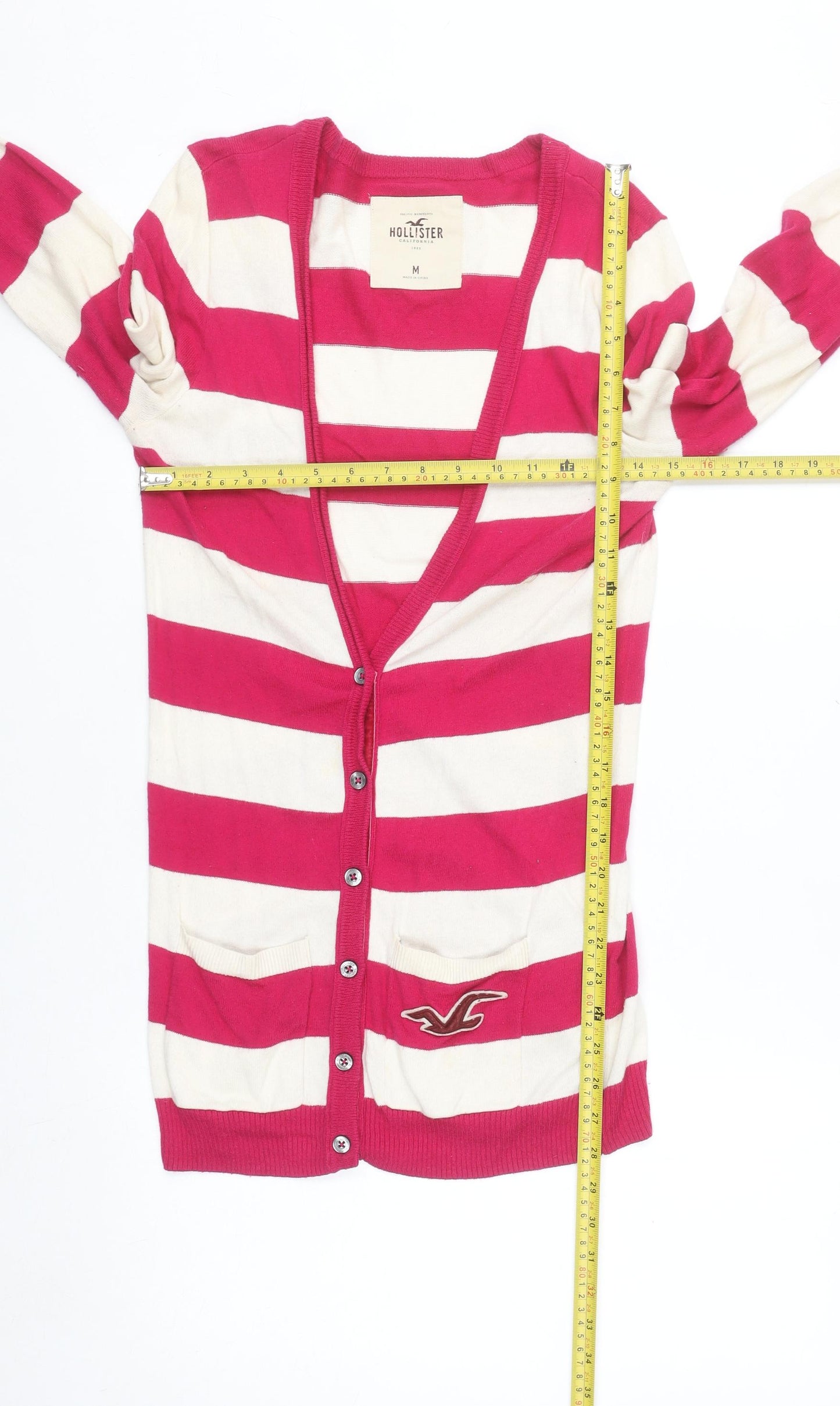 Hollister Women Pink Stripe Long Sleeve Cardigan M Classic Knit