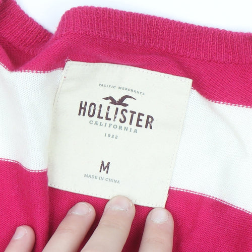 Hollister Women Pink Stripe Long Sleeve Cardigan M Classic Knit