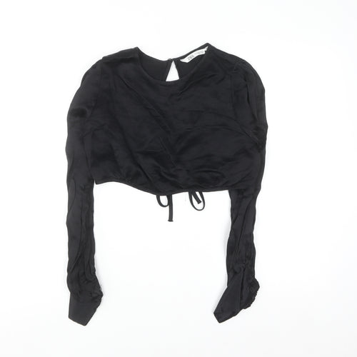 ZARA Women Black Cropped Long Sleeve Satin Blouse M