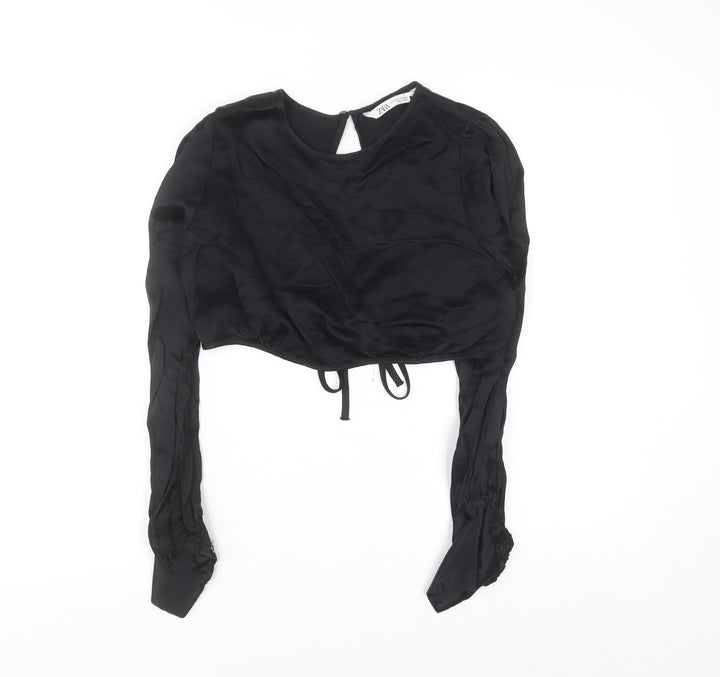 ZARA Women Black Cropped Long Sleeve Satin Blouse M