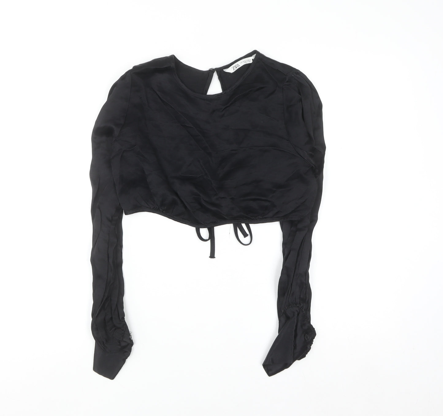 ZARA Women Black Cropped Long Sleeve Satin Blouse M