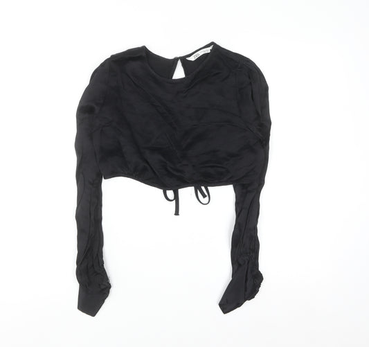 ZARA Women Black Cropped Long Sleeve Satin Blouse M