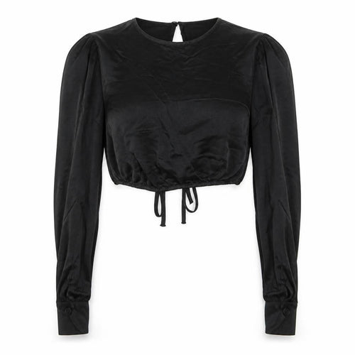 ZARA Women Black Cropped Long Sleeve Satin Blouse M