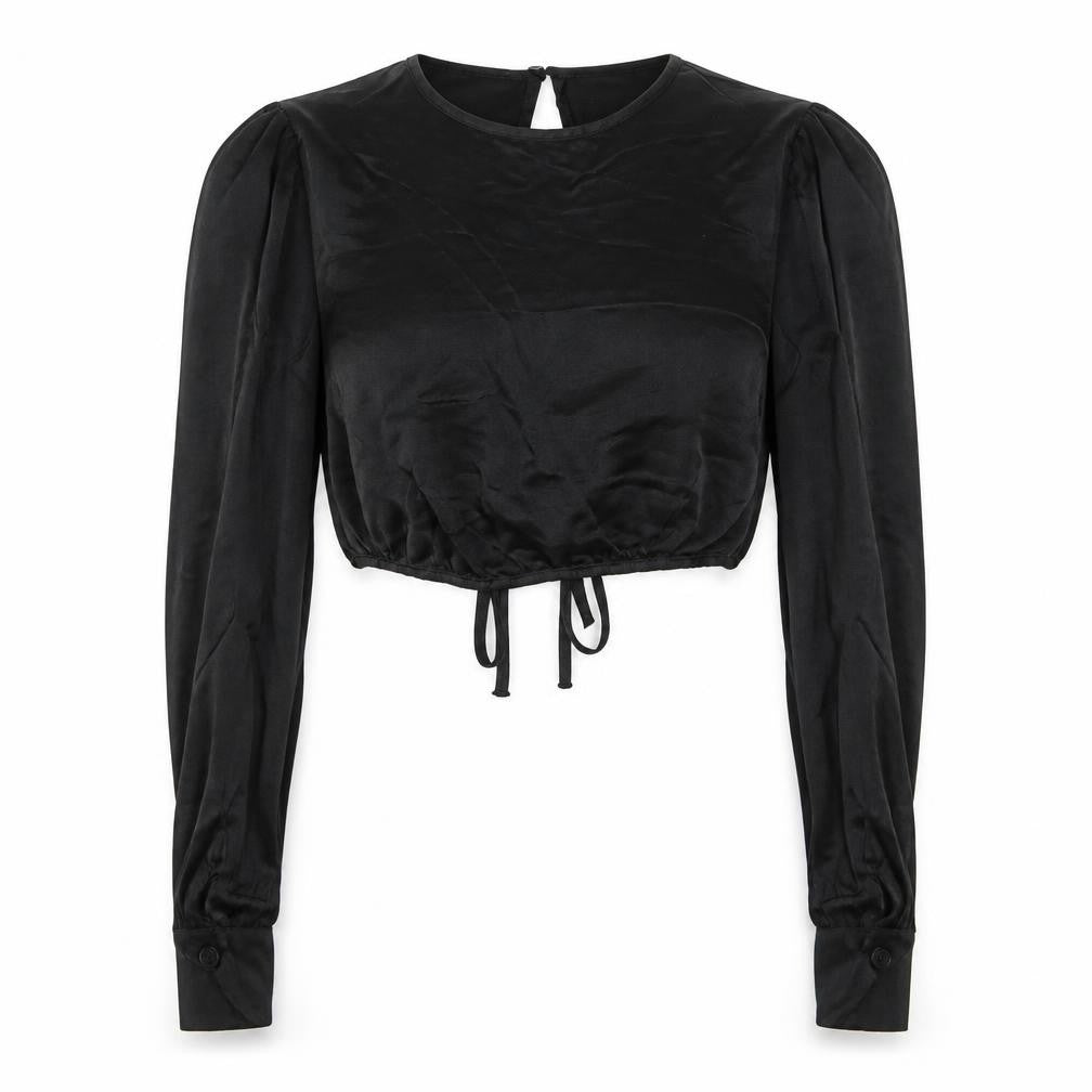 ZARA Women Black Cropped Long Sleeve Satin Blouse M