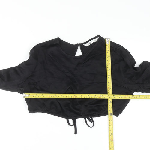 ZARA Women Black Cropped Long Sleeve Satin Blouse M