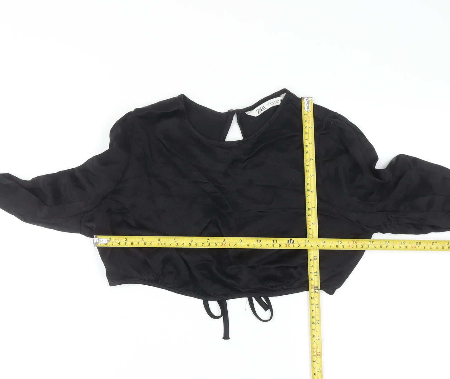 ZARA Women Black Cropped Long Sleeve Satin Blouse M
