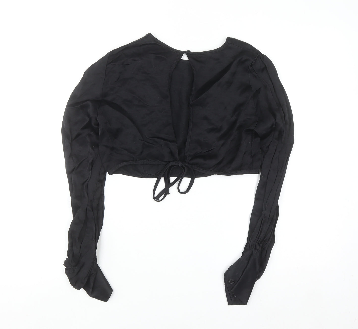 ZARA Women Black Cropped Long Sleeve Satin Blouse M