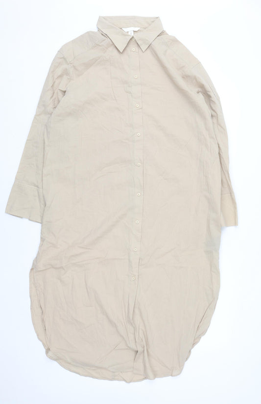 H&M Women Beige Long Sleeve Cotton Button-Up Shirt Dress Size 12