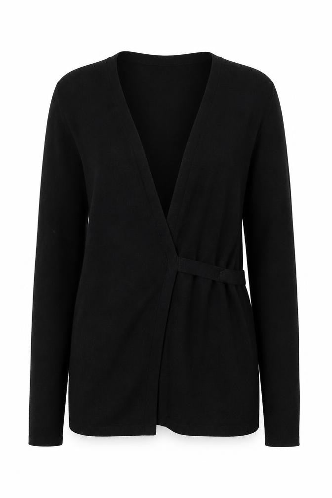 Front view of LOFT Women's Black Cotton Wrap Cardigan, size S, Long Sleeve