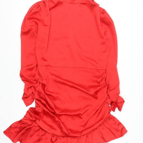 EillyBazar Women Red Short Bodycon Dress L Long Sleeve High Neck