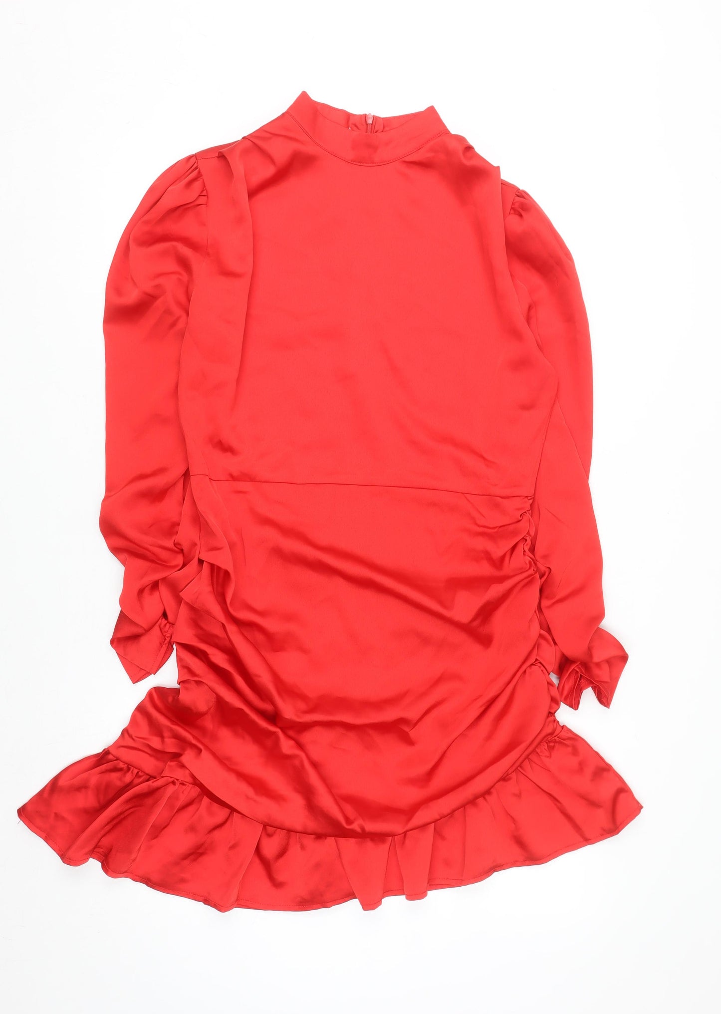 EillyBazar Women Red Short Bodycon Dress L Long Sleeve High Neck