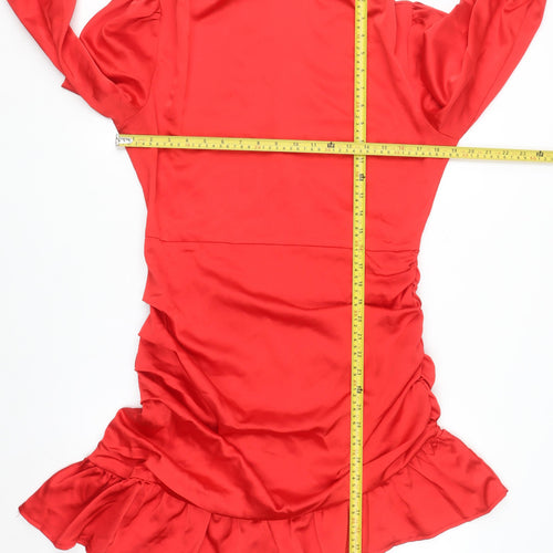 EillyBazar Women Red Short Bodycon Dress L Long Sleeve High Neck