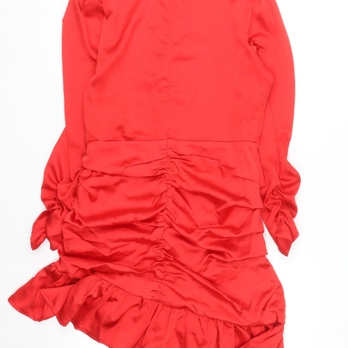 EillyBazar Women Red Short Bodycon Dress L Long Sleeve High Neck