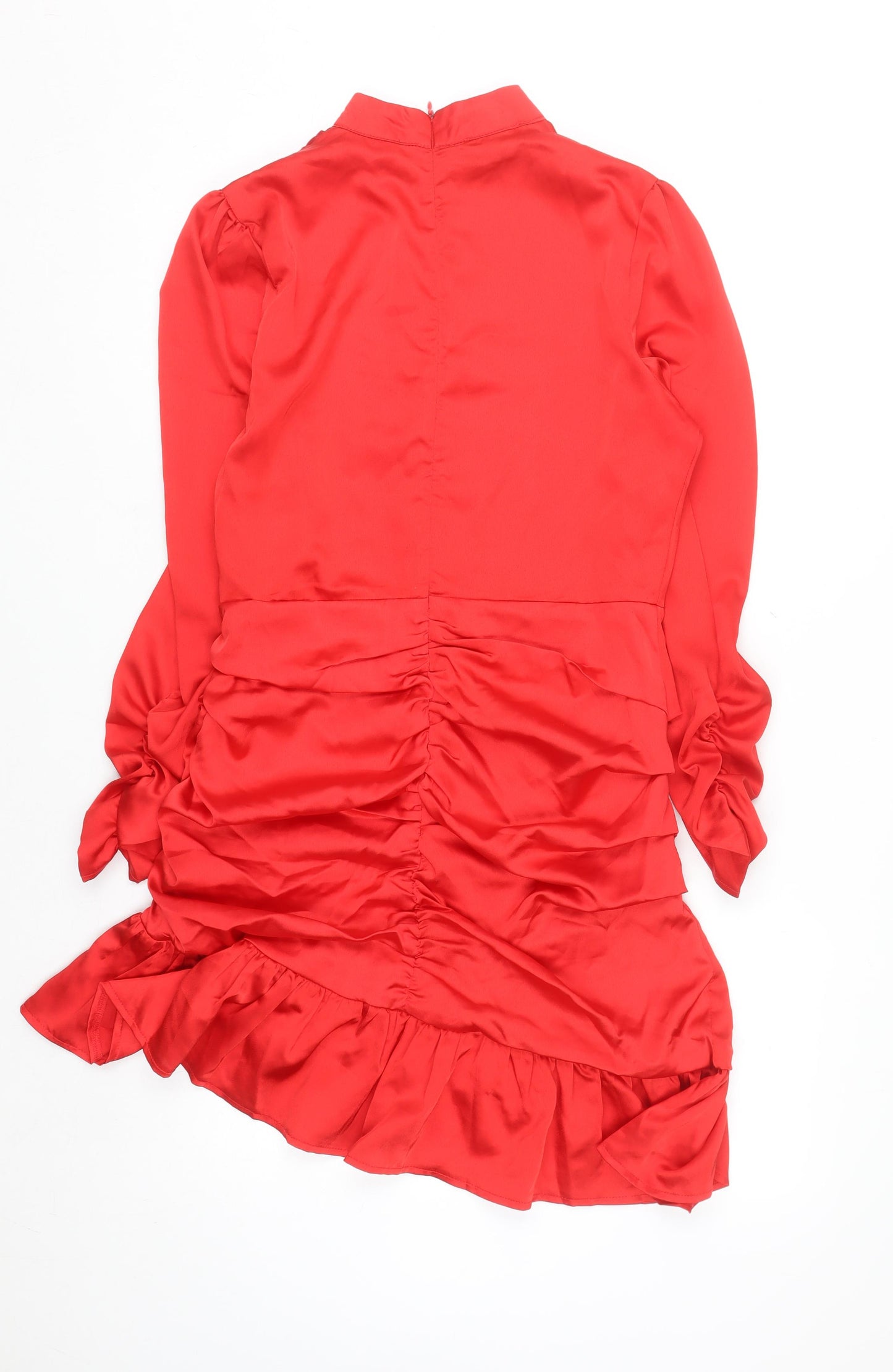 EillyBazar Women Red Short Bodycon Dress L Long Sleeve High Neck