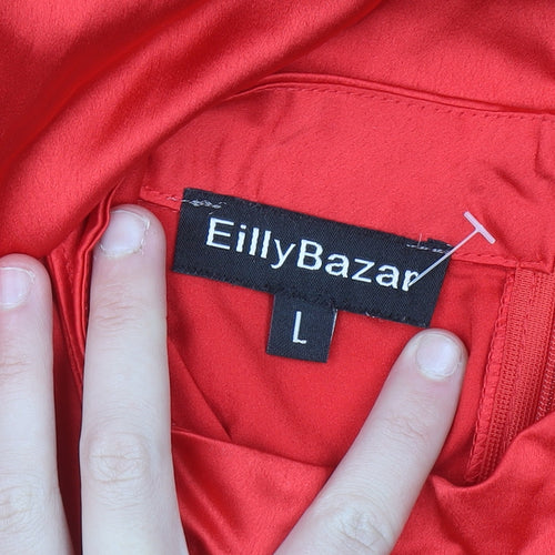 EillyBazar Women Red Short Bodycon Dress L Long Sleeve High Neck