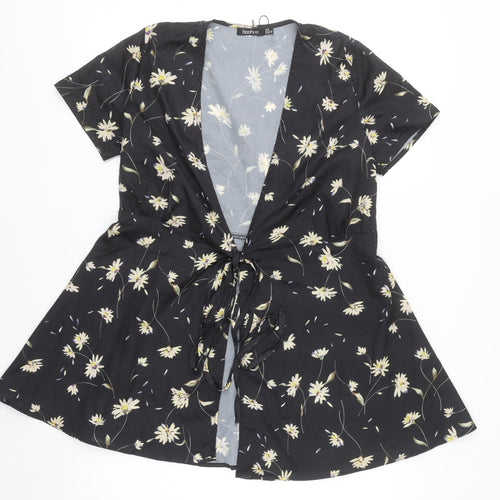 Boohoo Women’s Black Floral Wrap Tie Blouse Top Size 6 Short Sleeve