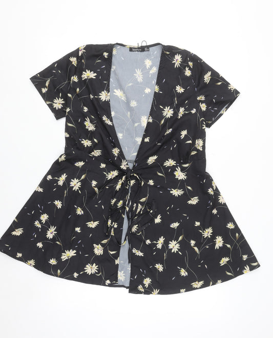 Boohoo Women’s Black Floral Wrap Tie Blouse Top Size 6 Short Sleeve