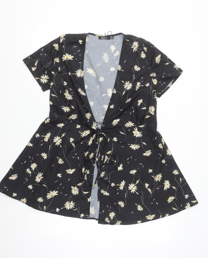 Boohoo Women’s Black Floral Wrap Tie Blouse Top Size 6 Short Sleeve