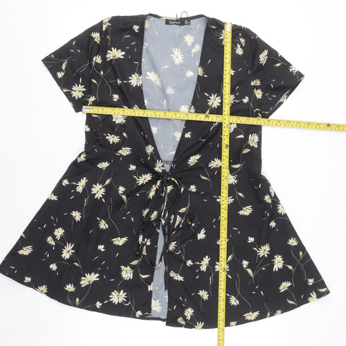 Boohoo Women’s Black Floral Wrap Tie Blouse Top Size 6 Short Sleeve