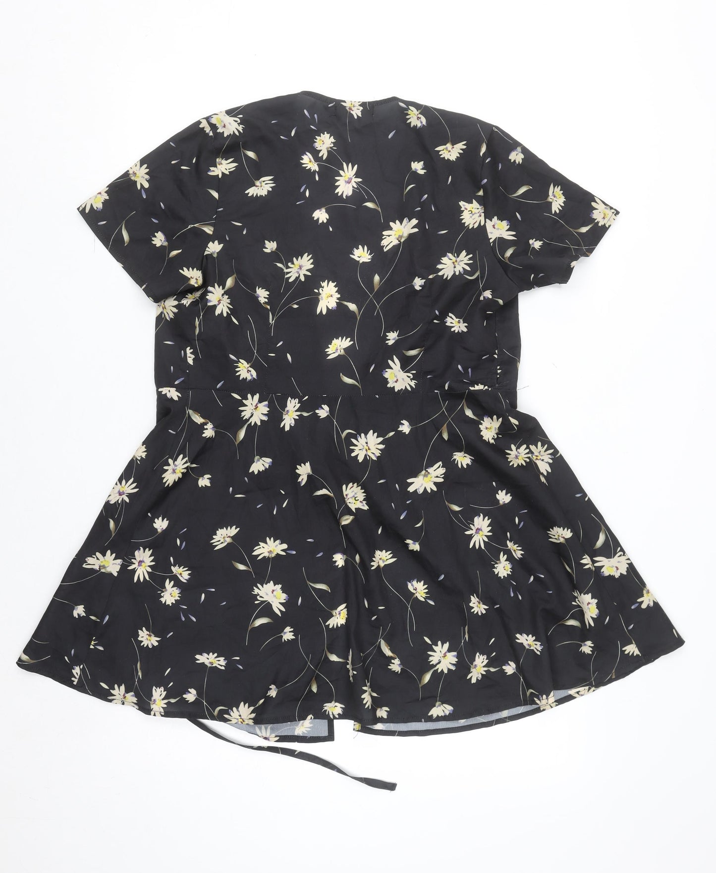 Boohoo Women’s Black Floral Wrap Tie Blouse Top Size 6 Short Sleeve